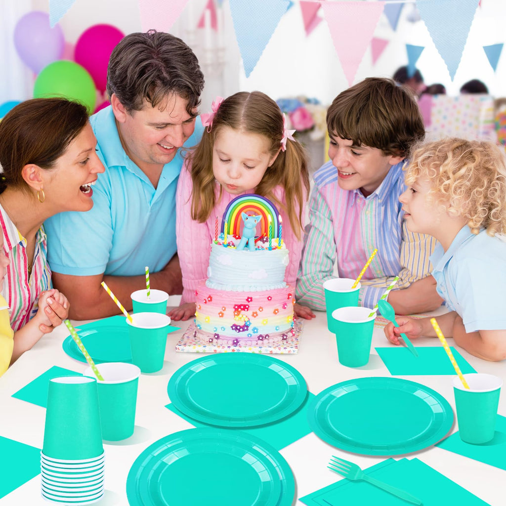 TWOWYHI 228PCS Teal Blue Party Supplies Set Include Paper Plates Cups Teal Blue Napkins Plastic Spoons Forks Knives for 30 Guests Disposable Party Dinnerware for Birthday Wedding Party Family Picnic