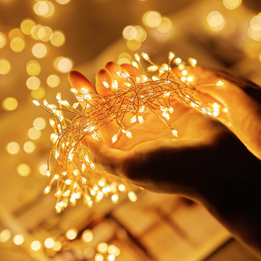 Firecracker Lights with Remote, 10 Feet 200LED Cluster String Fairy Lights Plug in, Waterproof Copper Wire Firefly Lights for Mantle Bedroom Window Weddings Christmas Tree Decoration, Warm White