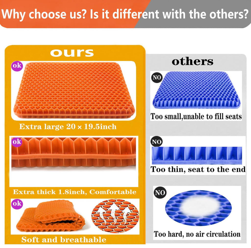 Plus Size Gel Seat Cushion for Long Sitting, Extra Large and Thick Gel Seat Cushion for Pressure Relief for Back, Sciatica, Hip, Tailbone Pain, Used for The Office, Cars, Wheelchairs (Orange)