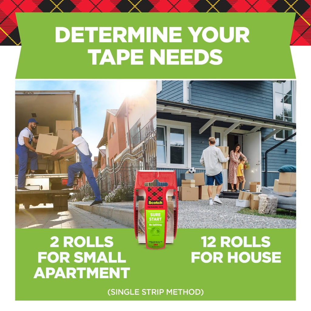 Sure Start Packing Tape, Clear, Quiet Unwind and Easy Start, 1.88 in. x 22.2 yd., 6 Tape Rolls with Dispensers