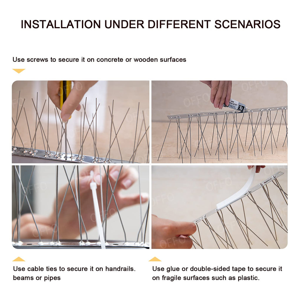 OFFO Bird Spikes with Stainless Steel Base, Durable Bird Repellent Spikes Arrow Pigeon Spikes Fence Kit for Deterring Small Bird, Crows and Woodpeckers, Covers 25 Feet(7.6m)