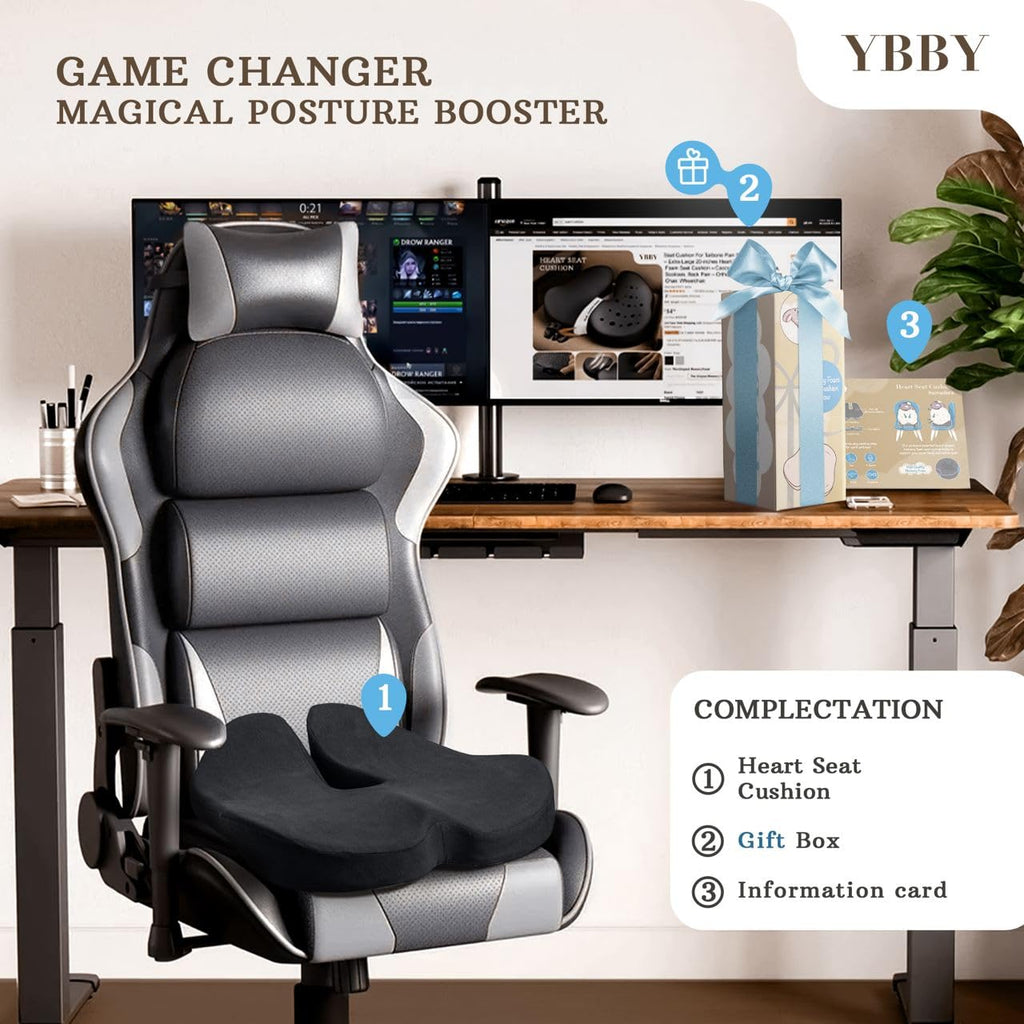 YBBY Seat Cushion for Sciatica - Pressure Seat Cushion for Tailbone Pain Relief – X-Large 20.4 in Memory Foam Coccyx Pillow, Desk Chair & Wheelchair & Truck & Car Seat Cushion