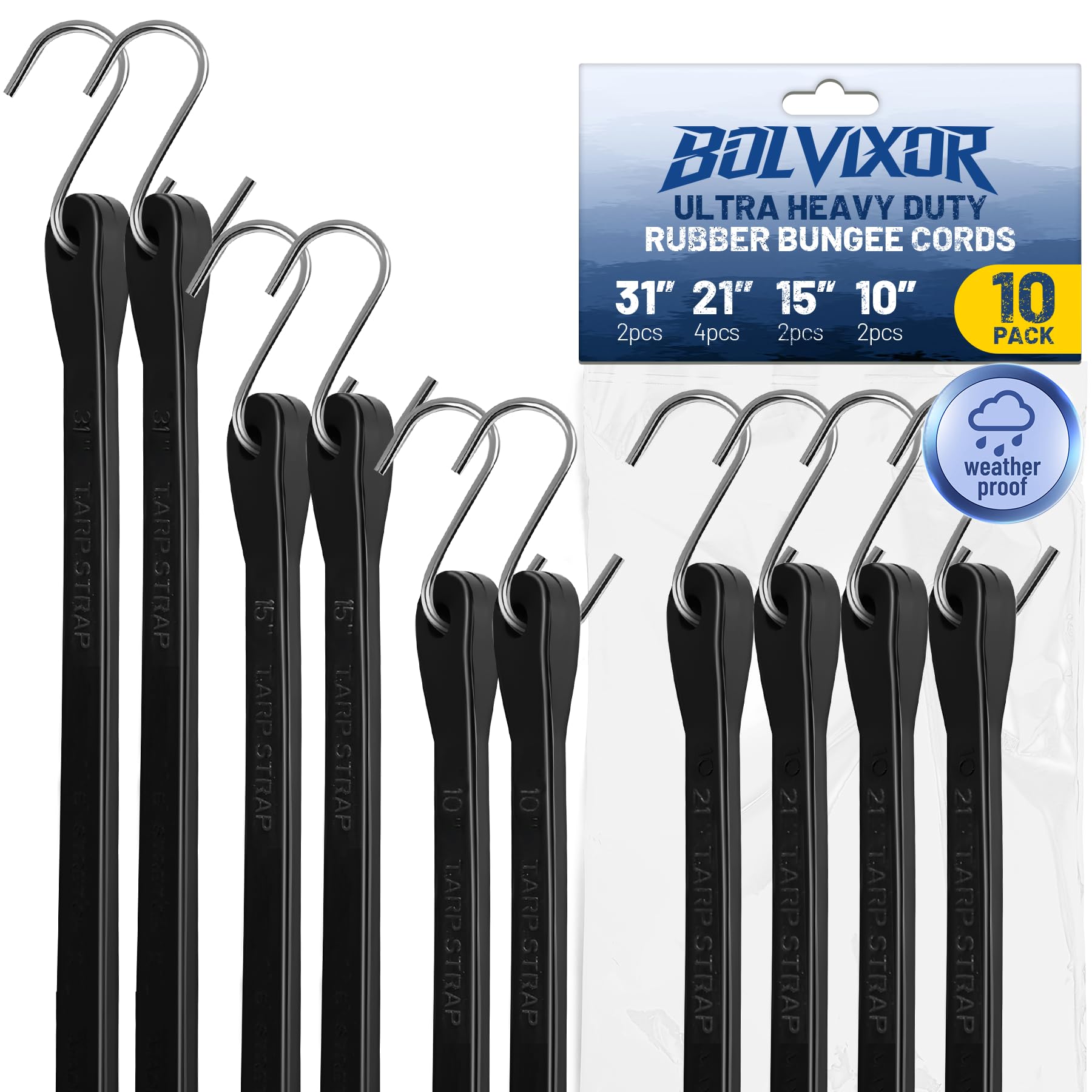 Bolvixor Bungee Cords with Hooks (10 Pack) – 10", 15", 21", 31" Heavy Duty EPDM Rubber Tarp Straps, Max Stretch 2X, Load 180+ LBS, Crimped S Hooks for Cargo, Trucks, Camping, Outdoor Use