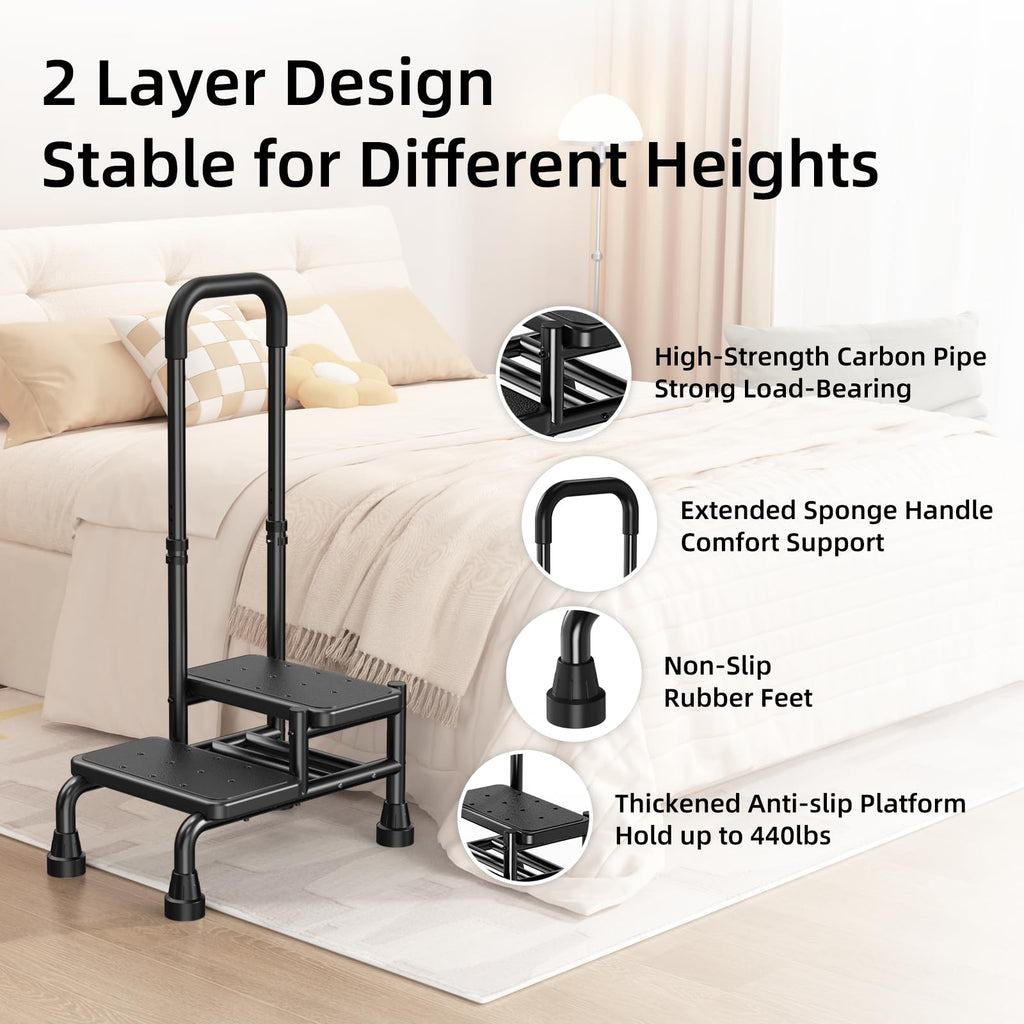 2 Step Stool with Handle for Seniors - Adjustable Handrail &Non-Skid Platform, Heavy Duty 2 Step Stool for Adults, Elderly, Foot Stool for Bedside, Kitchen, Car, Bathtub,Holds up to 440lbs