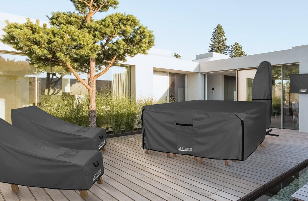 ULTCOVER 600D Tough Canvas Durable Rectangular Patio Table and Chair Cover - Waterproof Outdoor General Purpose Furniture Covers 76Lx54Wx28H inch, Black
