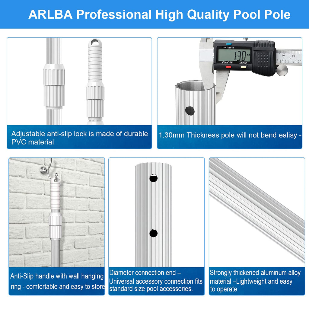 ARLBA Upgraded Professional 16.5 Feet Swimming Pool Pole Telescopic Aluminum Thicken 1.30mm Adjustable Fits Skimmer Net Rake Vacuum Head Brush Pool Cleaning Equipment Heavy Duty -Universal Fit 1-1/4