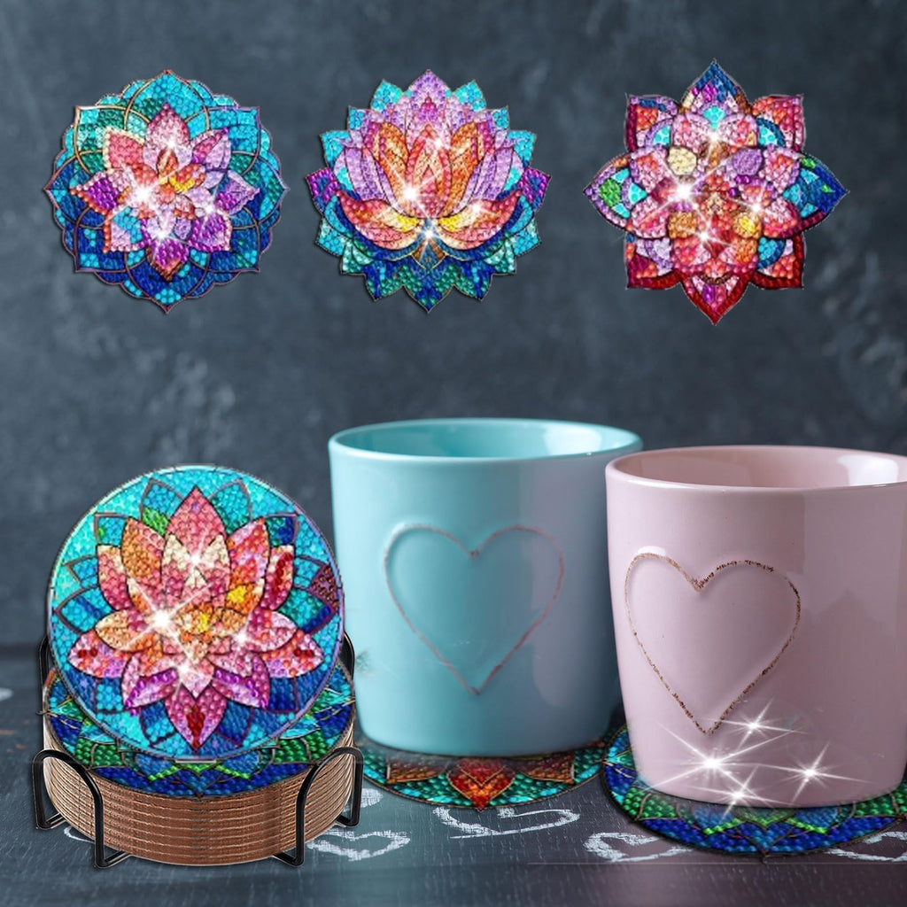 8 Pieces Lotus Diamond Coasters with Holder DIY Cute Lotus Diamond Art Coasters 5d Lotus Diamond Coasters for Beginners Adults for Winter Christmas Holidays Gift