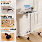 COMHOMA Adjustable Overbed Bedside Table with Lockable Wheels, Pneumatic Mobile Standing Laptop Desk, Small Standing Desk Portable Rolling Overbed Table Hospital Home Use(28" W x 16" D, White)