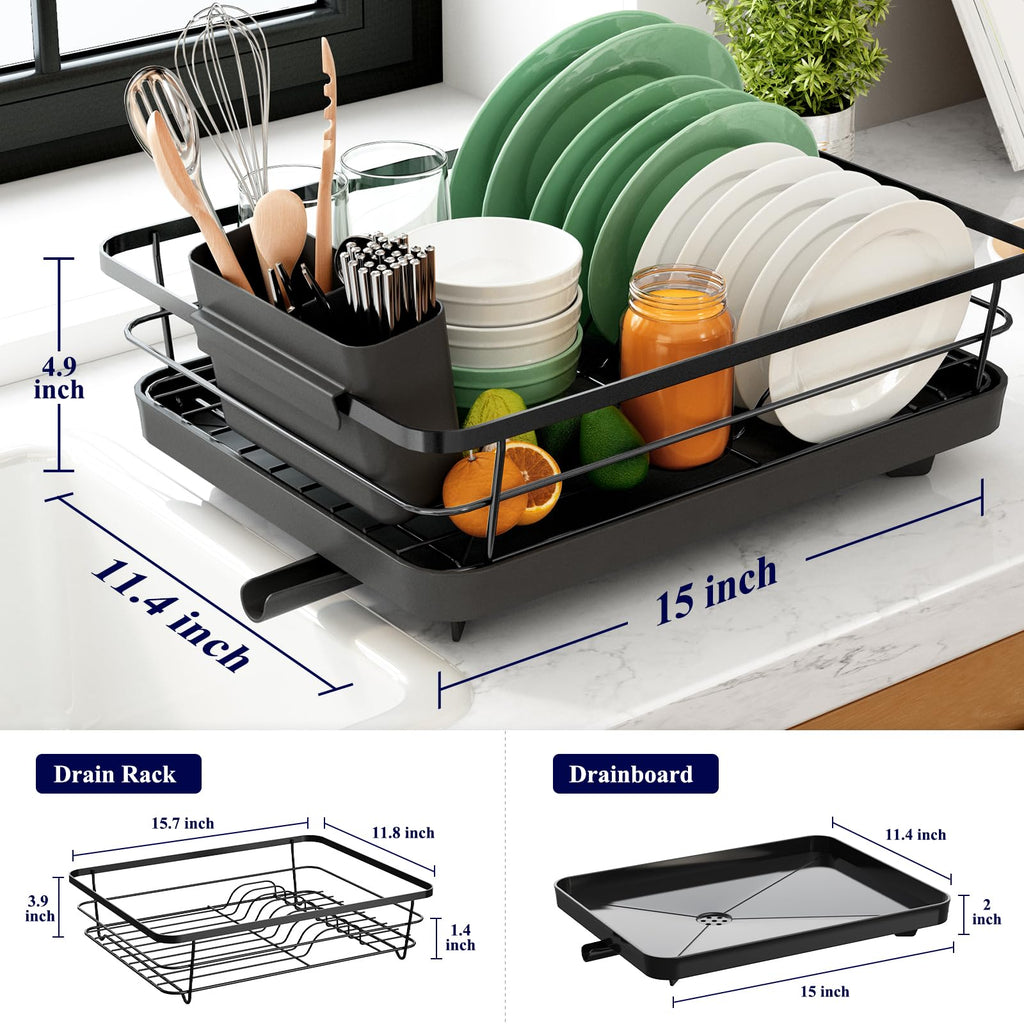 Kitsure Dish Drying Rack- Space-Saving Dish Rack, Dish Racks for Kitchen Counter, Stainless Steel Kitchen Drying Rack with a Cutlery Holder,12''W x 15''L, Black