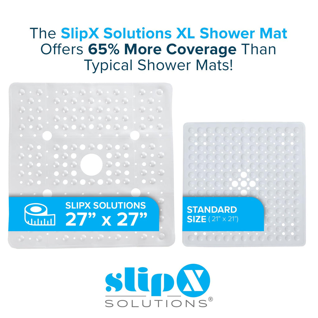 SlipX Solutions Extra Large Square Shower Mat, 27"x27", Non-Slip Stall Mat for Elderly & Kids Standing Bath Tub Mat, Machine Washable, Suction Cups, White Pearl