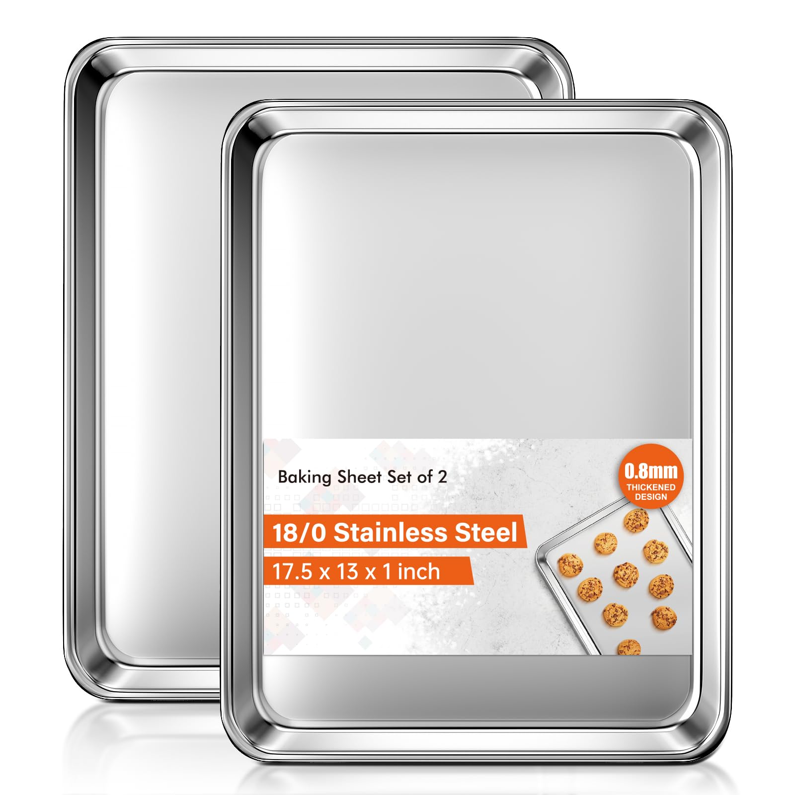 Baking Sheet Set of 2, Commercial Grade Stainless Steel Cookie Sheets for Baking, 18 x 13 Inch Thicker Large Baking Pans Oven Tray, Warp Resistant Nonstick Half Sheet Pan, Nontoxic & Heavy Duty