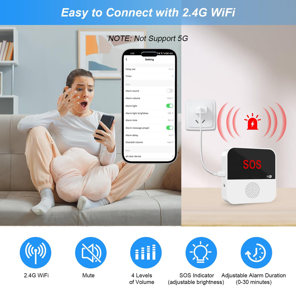WiFi Rechargable Smart Wireless Caregiver Pager Call Button System Nurse Calling Alert System for Elderly Patient Seniors Disabled Kids 2 SOS Panic Buttons 1 Receiver (only Supports 2.4GHz Wi-Fi)