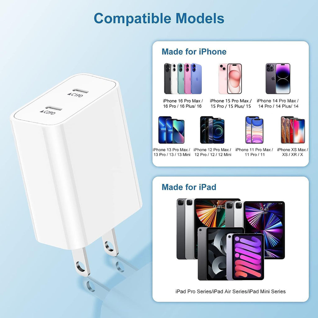 USB C Fast Charger Block,USB C Charging Block 2-Pack USB C 2in1 Dual Ports Plug Wall Charger, Fast Type C Charger for iPhone 15/15 Pro/15 Pro Max/15 Plus/14/13/12/11/Xs Max/XR/X,iPad