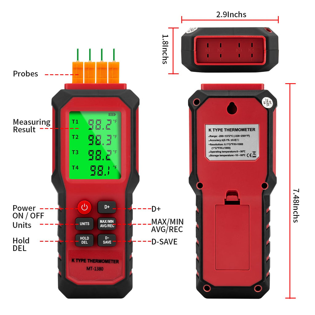 YZT Meter 4-Channel K-Type Temperature Thermometer Measurement Range- 328℉~2501℉,Temperature Data Logger Comes with 4 PCS Thermocouple Probe Sensor