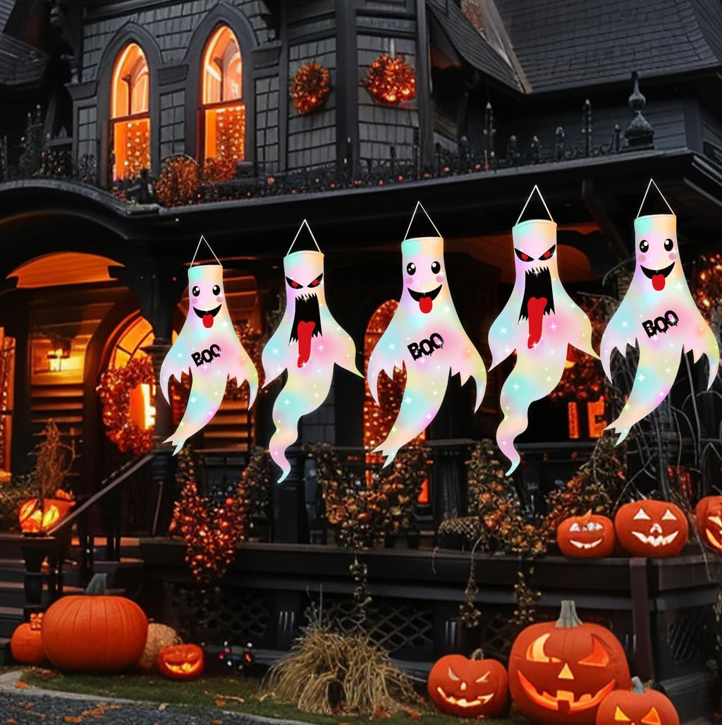 2Pcs 47" Halloween Ghost Windsocks Decorations with LED Light Outdoor Halloween Decorations Hanging Ghost Windsocks Décor for Halloween