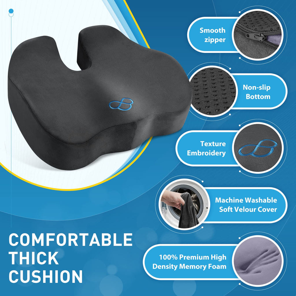 BlissTrends Seat Cushion,5.2in Thick Memory Foam Cushions for Office Chair, Car Seat, Airplane, Relieving Pressure Tailbone Sciatica Back Pain for Long Sitting Office Workers, Car Drivers Grey