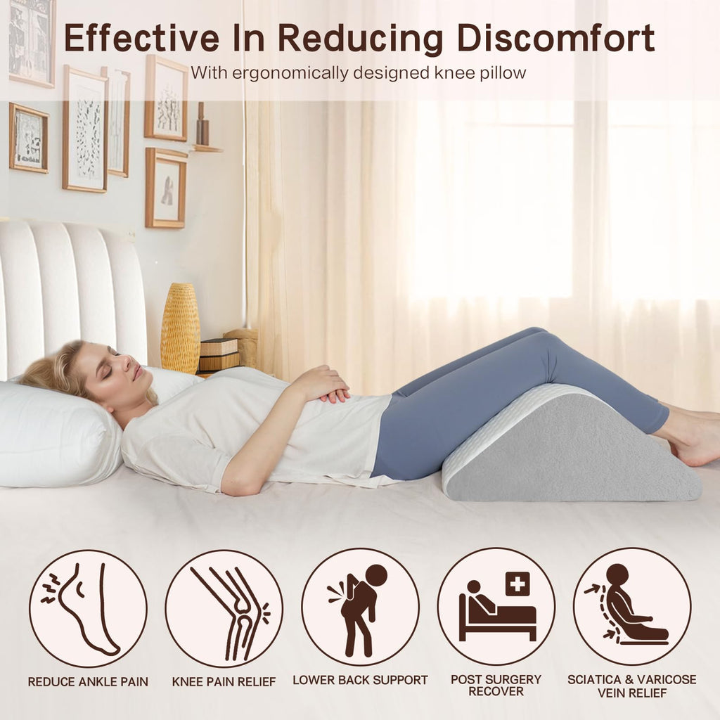 Vomiliku Knee Wedge Pillow for Back Sleeping, Leg Elevation for Post Surgery Recovery, 8" Triangle Leg Pillow with Removable Cover for Knee Support, Hip Back Pain Relief,Enhance Circulation, Gray