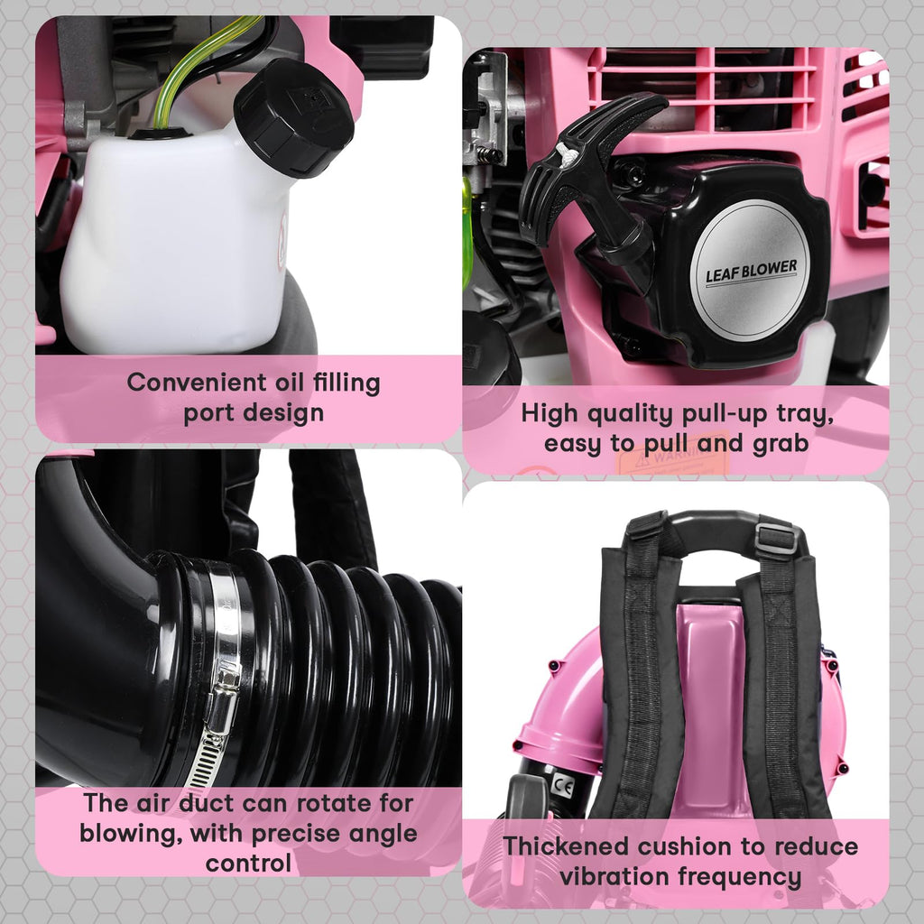 Gas Leaf Blower, 52CC 550CFM 3HP 2 Stroke Gas Blower, 18Lbs Ultra Light Pink Backpack Leaf Blower for Elderly and Women, Leaf Blower Gas, Gas Blowers for Lawn Care, Garden