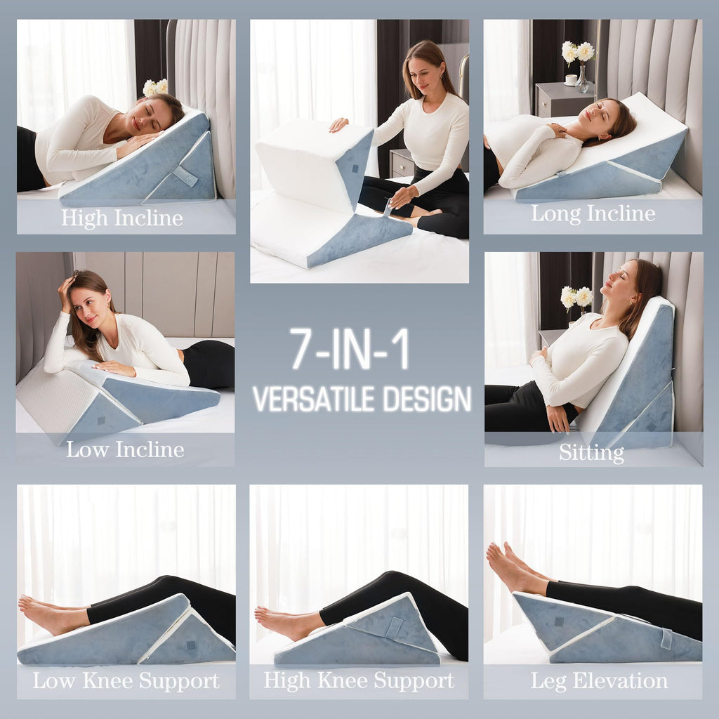 FSCGIFE Bed Wedge Pillow for Sleeping, 9&12 Inch Adjustable Bed Wedge Pillow for After Surgery, 7-in-1 Memory Foam Triangle Wedge Pillow, Relieve Acid Reflux, Gerd, Snoring