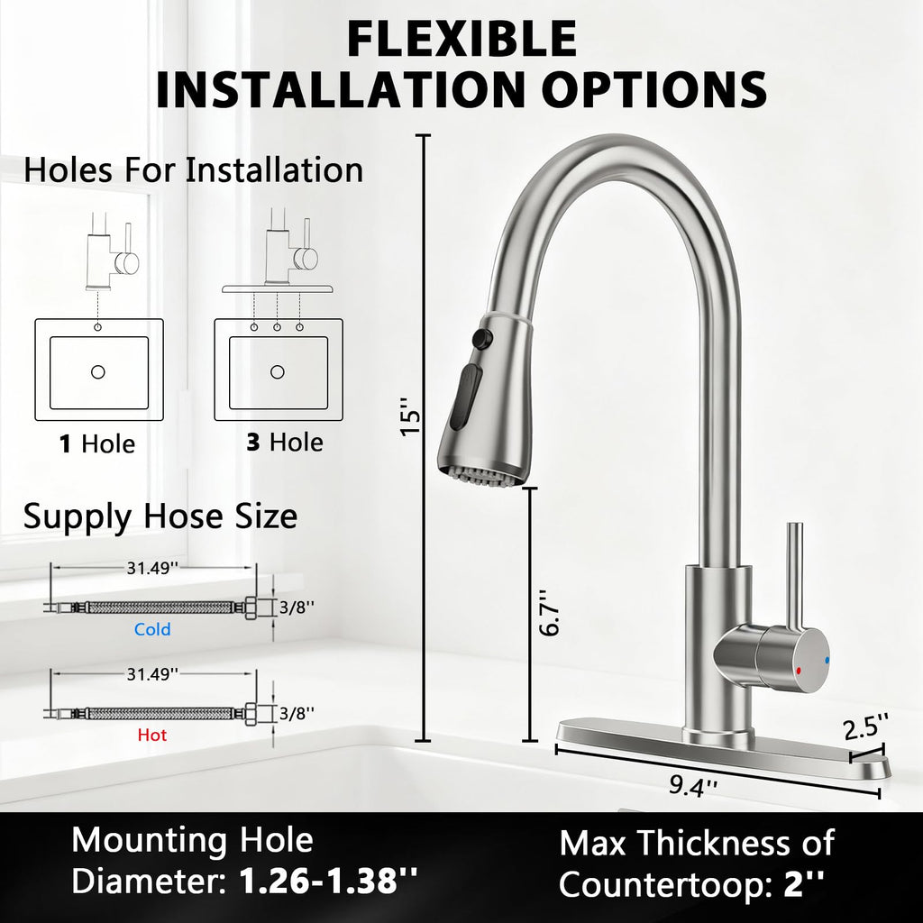FEELSO Kitchen Faucets with Pull Down Sprayer, High Arc Stainless Steel Single Handle Kitchen Sink Faucet, 1 or 3 Hole Brushed Nickel Water Faucets for Farmhouse Laundry Camper Rv Bar