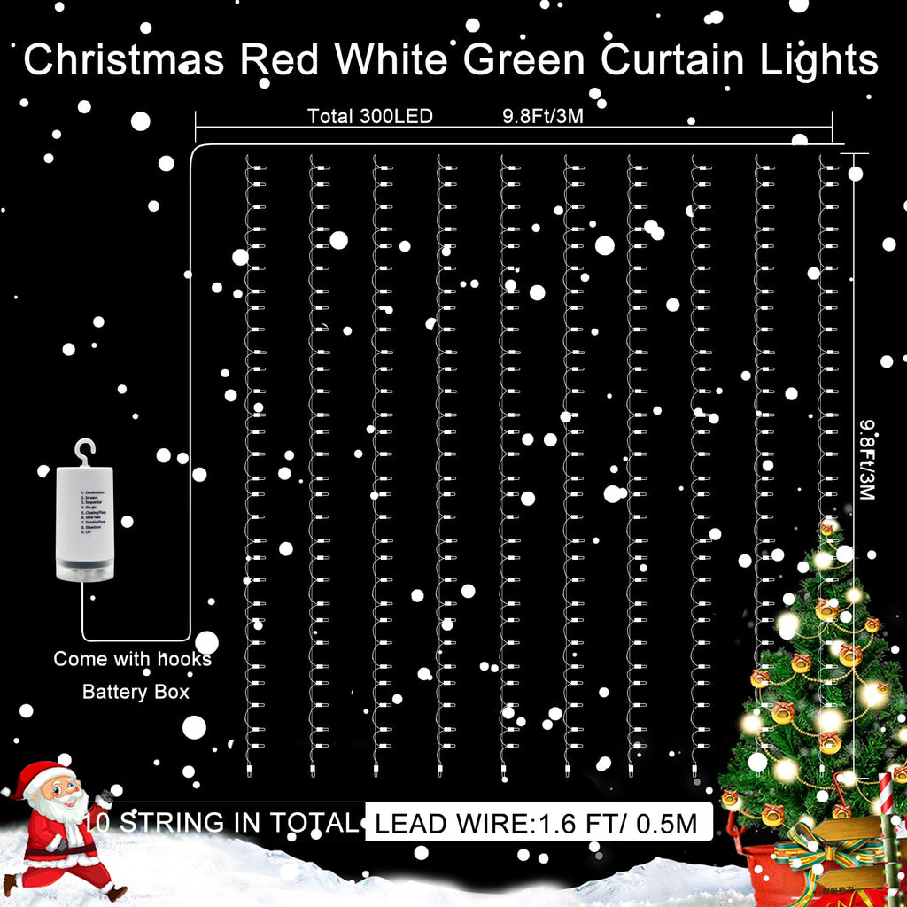echosari Red White and Green Christmas Curtain Lights Battery Operated, 300 LED Fairy Curtain Lights 9.8Ft x 9.8Ft Hanging Lights with Remote Timer for Party Holiday Garden Yard Decor