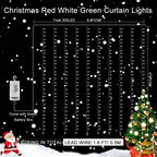 echosari Red White and Green Christmas Curtain Lights Battery Operated, 300 LED Fairy Curtain Lights 9.8Ft x 9.8Ft Hanging Lights with Remote Timer for Party Holiday Garden Yard Decor