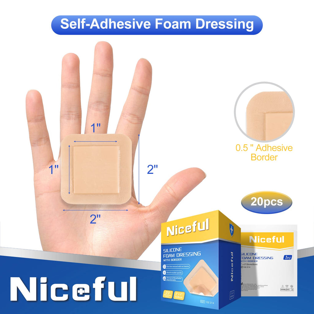 Niceful 20 Packs Silicone Foam Dressing Gentle Border 2x2in, HSA FSA Eligible, Absorbent Silicone Bandages for Wounds, Waterproof Bed Sore Bandages Wound Dressing