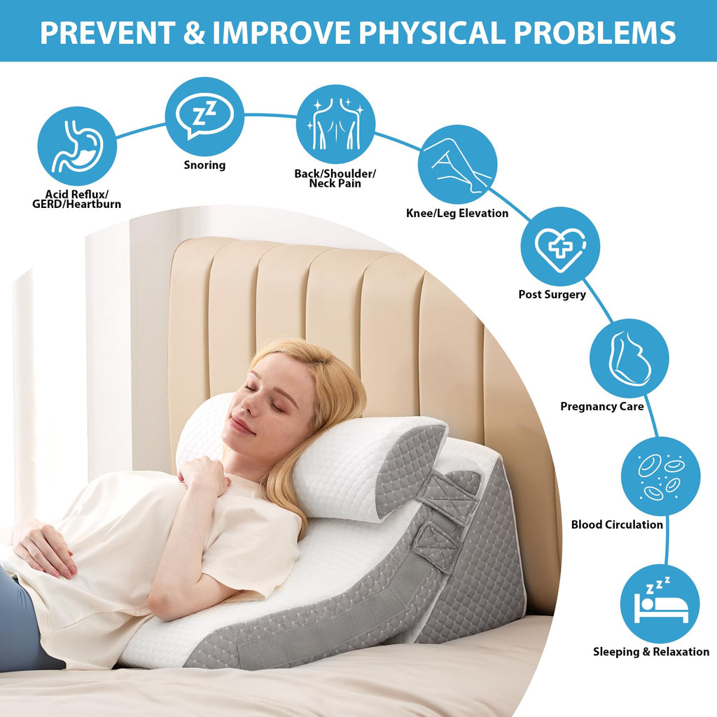 MEGCXIT 3PCS Bed Wedge Pillow for Sleeping, Adjustable Memory Foam Wedge Pillow for Back Leg Pain Relief, 23” Wide Triangle Pillow Wedge for Post Surgery, Acid Reflux, GERD & Snoring, White/Grey