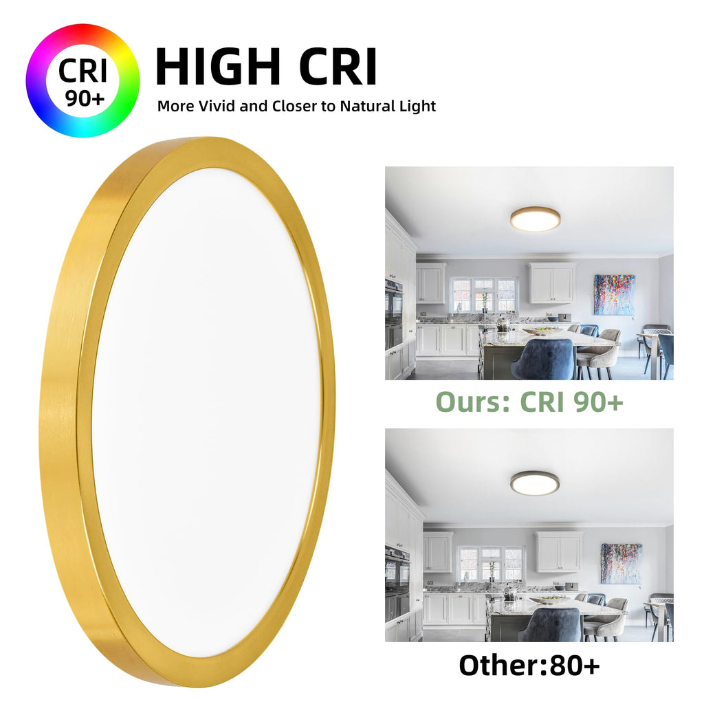 hykolity 12 Inch Selectable CCT LED Round Flat Panel Light, 24W 3000K/4000K/5000K, Edge-Lit Flush Mount Ceiling Light Fixture for Kitchen, Bedroom, Laundry and Closet Room，Gold