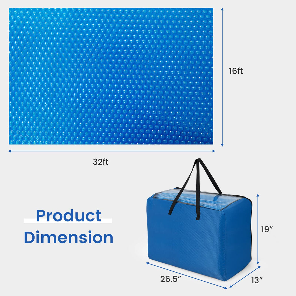 Goplus Pool Cover, 16 x 32 FT Solar Blanket 12 Mil with Carrying Bag for In-Ground and Above-Ground Swimming Pools, Rectangle Hot Tub SPA Thermal Blanket, Blue Bubble