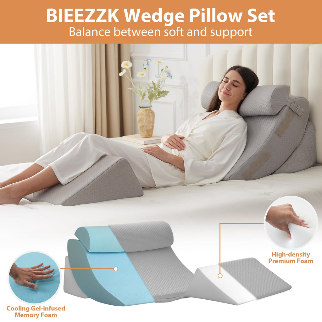 4PCS Wedge Pillow Set for After Surgery, Orthopedic Bed Wedge Pillow for Back Pain Relief, Sitting up in Bed,Recovery, Acid Reflux, Snoring, Body Pillow for Sleeping,Leg,Shoulder Support, Grey