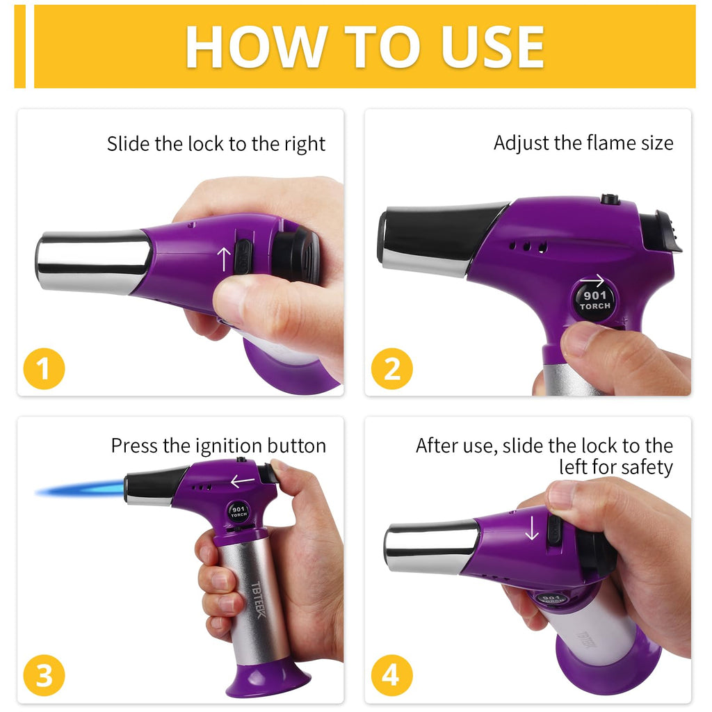 TBTEEK Butane Torch T901, Kitchen Torch Cooking Torch with Safety Lock & Adjustable Flame for Cooking, BBQ, Baking, Brulee, Creme, DIY Soldering(Butane Not Included), Purple