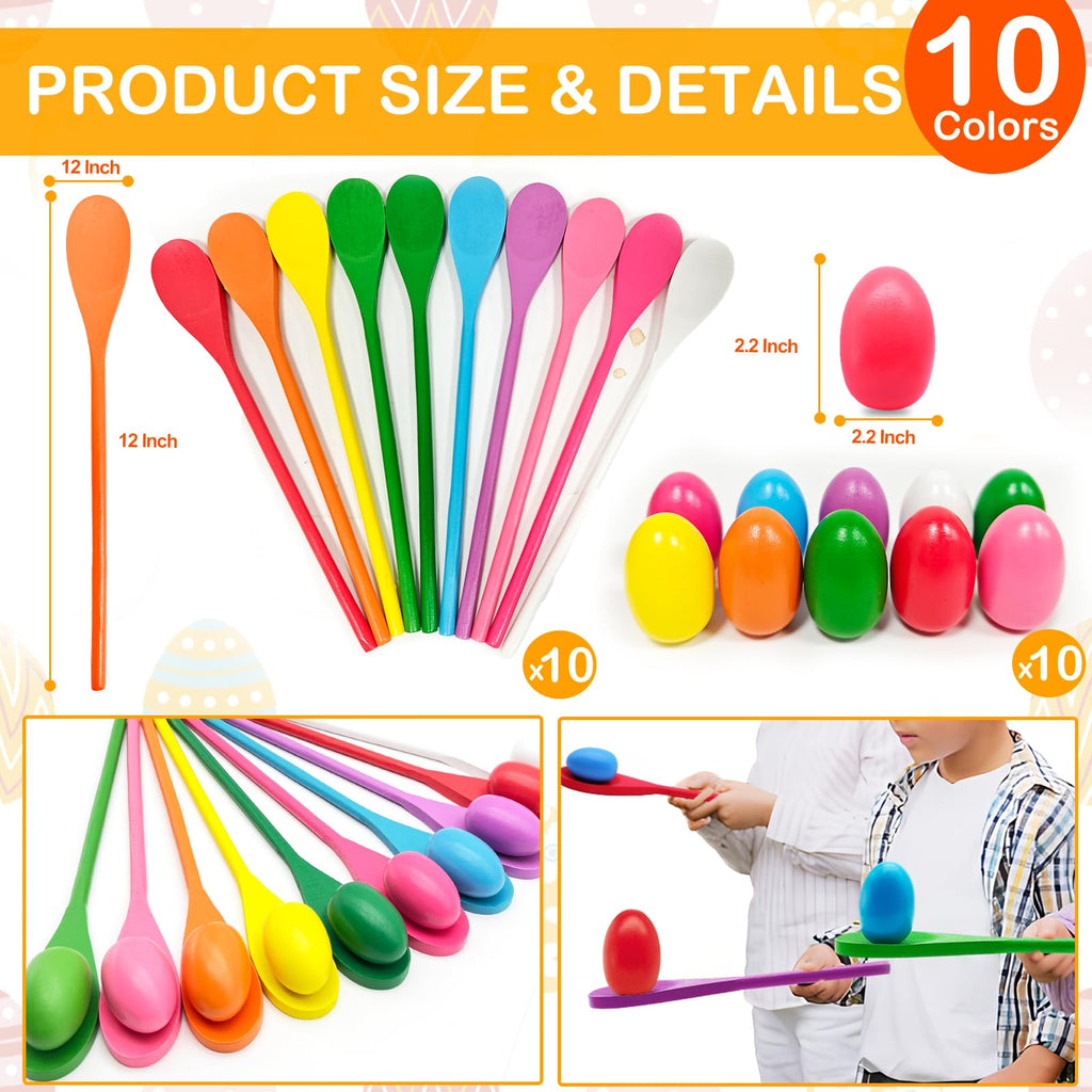 20 Pcs Easter Egg and Spoon Race Game Set, 10 Players Balance Relay Easter Games Include 10 Eggs and Wooden Spoons for Kids Family Carnival Sports Outdoor Games Holiday Birthday Party Supplies