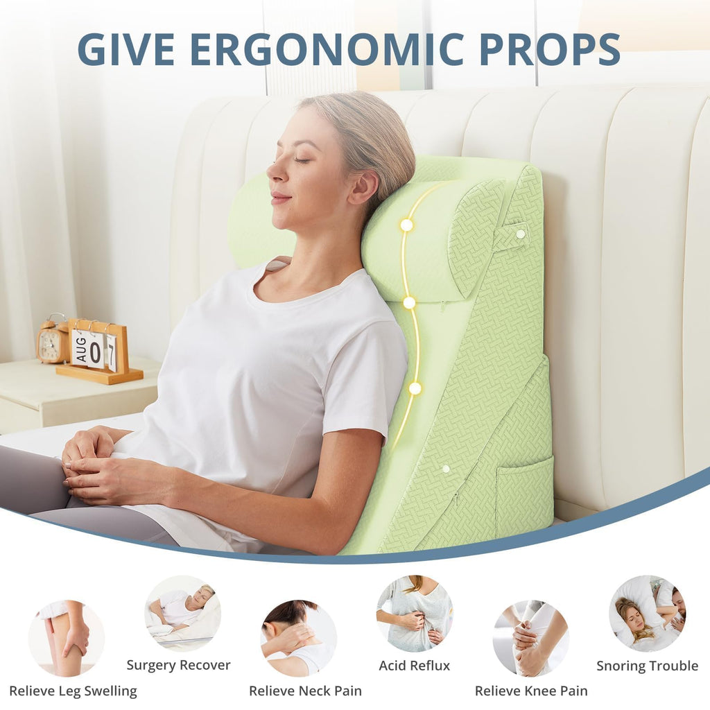 Sasttie Wedge Pillow for Headboard, Adjustable Bed Wedge Pillow Set with Orthopedic Memory Foam Neck Cushion – for Acid Reflux, Neck & Back Support, and Post-Surgery Recovery, Sage