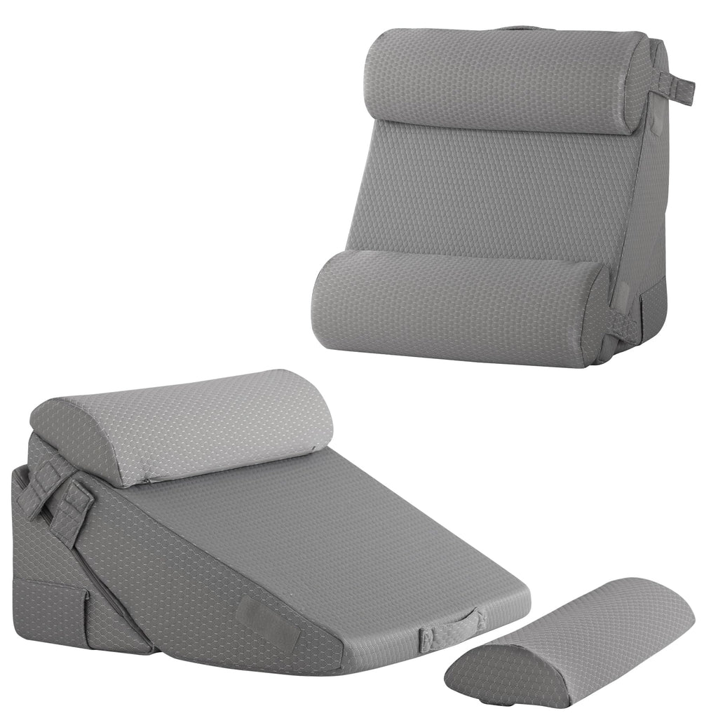 Bedluxe Adjustable 4pcs Bed Wedge Pillow Set, Memory Foam Wedge Pillow Post Surgery for Back, Neck, Leg Pain Relief, Pillow Wedge for Sleeping, Sitting up in Bed, Acid Reflux and GERD, Grey