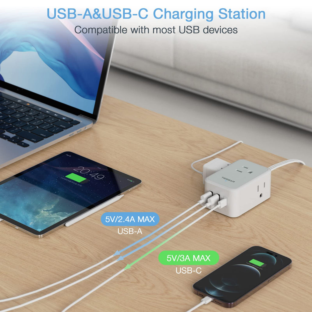 TESSAN Small Flat Plug Power Strip, Ultra Thin Extension Cord 5 ft, 3 AC Outlets with 3 USB Ports (1 USB C), Multiple Wall Outlet Extender for Cruise Travel Office School Dorm Room Essentials