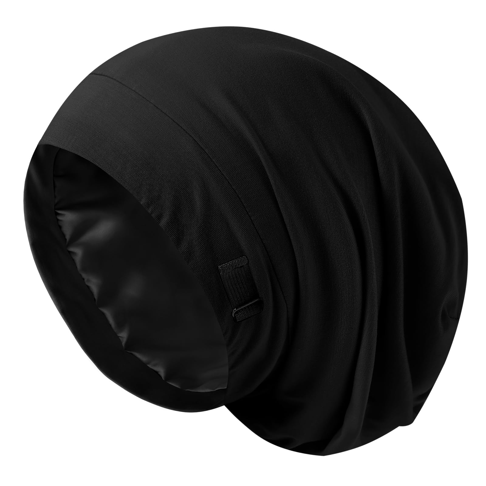 Silky Satin Lined Bonnet Sleep Cap Adjustable Strap Hair Wrap Slouchy Beanie Hat for Curly Hair Braids Night Caps for Women 2PCS(Black&Pink)