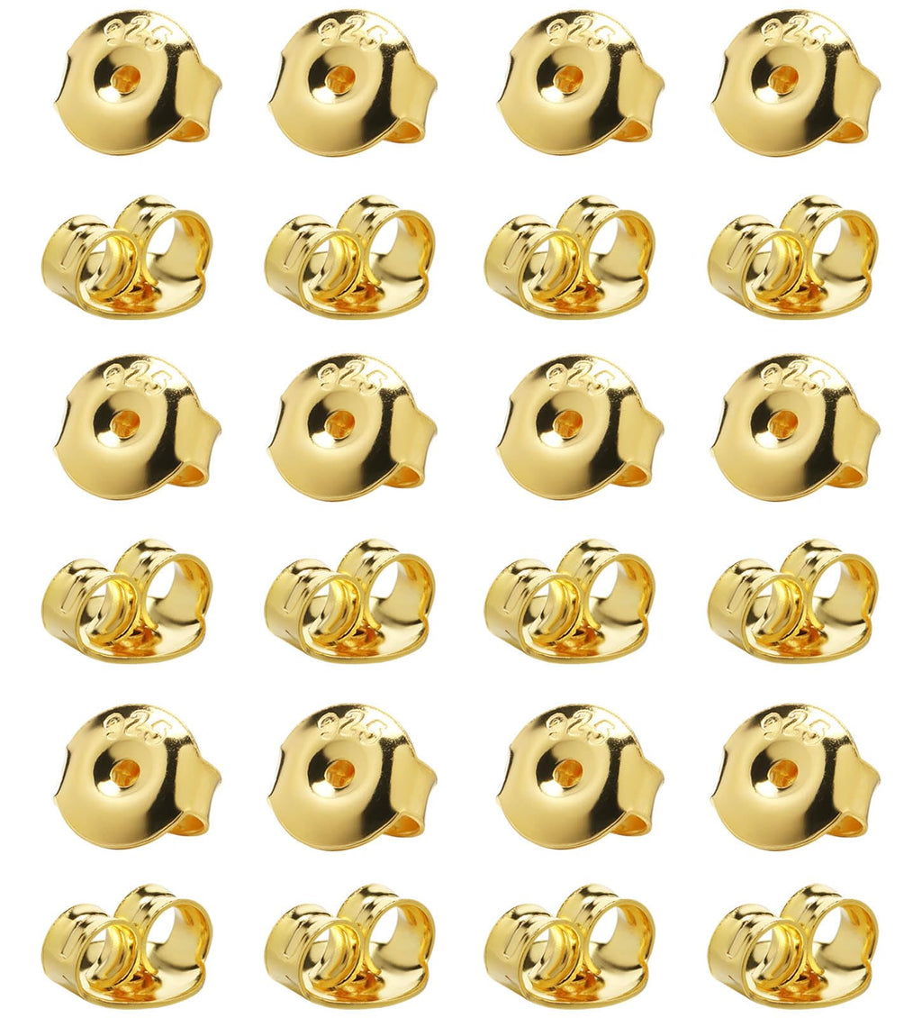 DELECOE 24pcs 925 Silver Earring Backs Replacements, 14K Gold Plated Hypoallergenic Earring Backs for Studs, Secure Locking Earring Backingsfor Stud Earrings, 6mm Gold