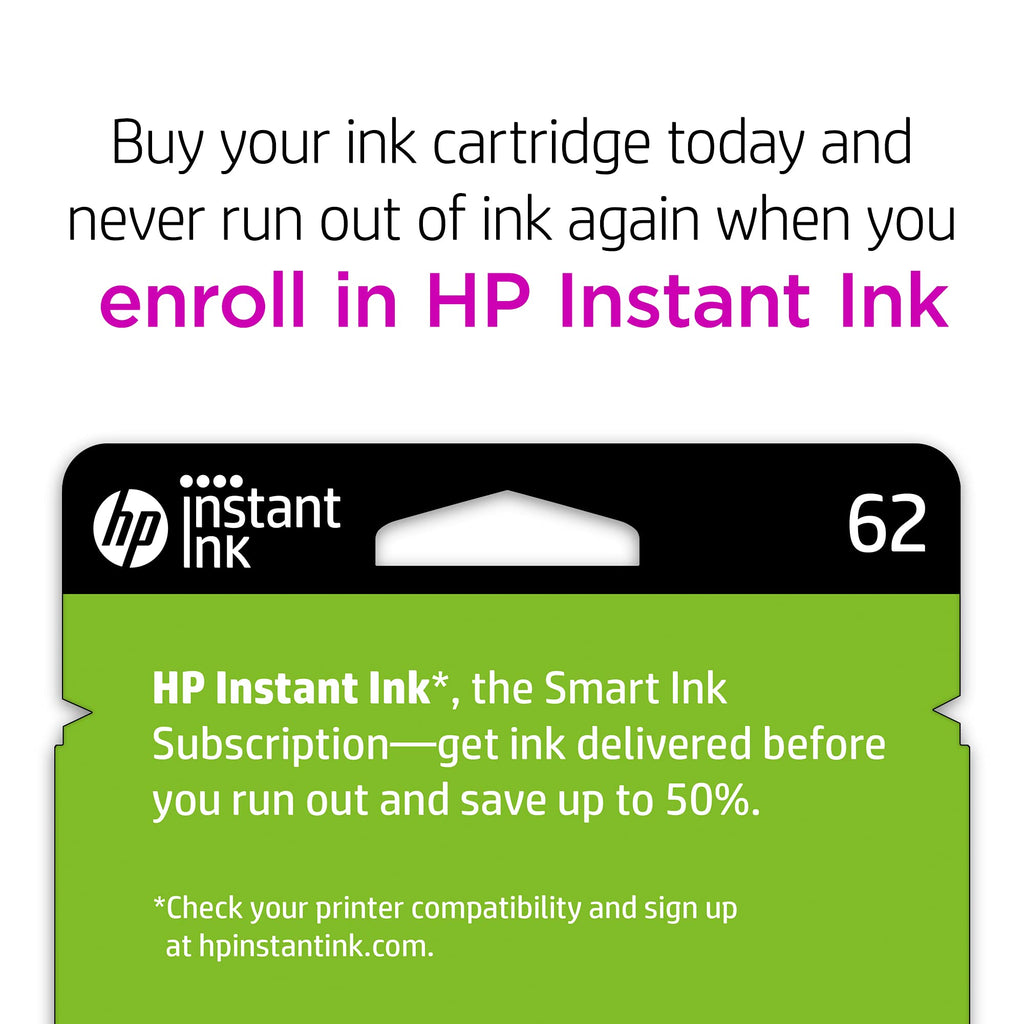 HP 62 Black/Tri-color Ink (2-pack) | Works with HP ENVY 5540, 5640, 5660, 7640 Series, HP OfficeJet 5740, 8040 Series, HP OfficeJet Mobile 200, 250 Series | Eligible for Instant Ink | N9H64FN