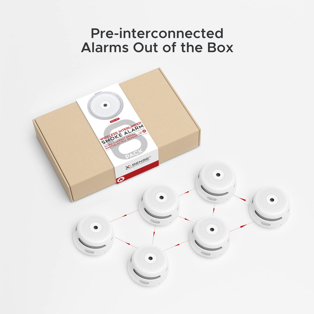 X-Sense Wireless Interconnected Smoke Detector Battery Powered Fire Alarm with Over 820 feet Transmission Range, XS01-WR Link+, 6-Pack
