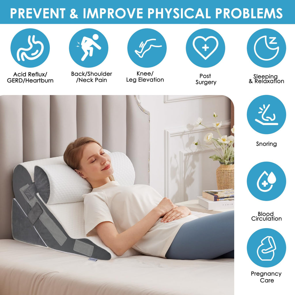 MEGCXIT 3PCS Bed Wedge Pillow for Headboard, 10-in-1 Adjustable Foam Wedge Pillow for Acid Reflux Relief, 23” Wide Triangle Pillow Wedge for Post Surgery, Back Pain Relief & Snoring, White/Grey