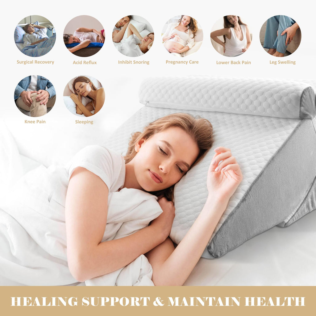 BEYOUDO Bed Wedge Pillow for Sleeping, Adjustable Wedge Pillow Set for After Surgery, Elevated Triangle Pillow for Back Pain Relief, Acid Reflux, Leg Support, White/Gray