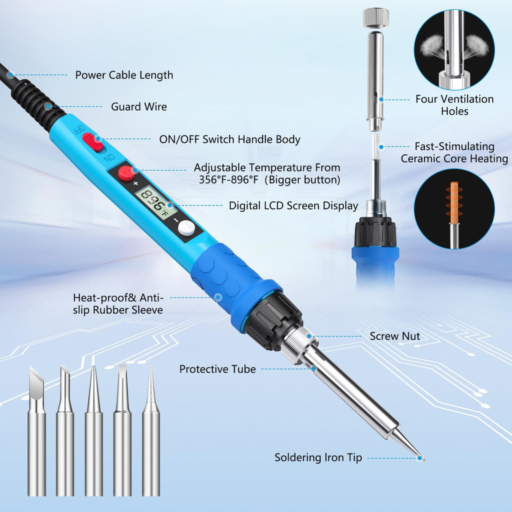 Soldering Iron Kit, 80W 110V LCD Digital Solder Iron Pen with Ceramic Heater, Portable Welding Tools with 5pcs Tips, Stand, Solders Wire, Sponge, Paste, for Metal,Electric Repairs, DIY