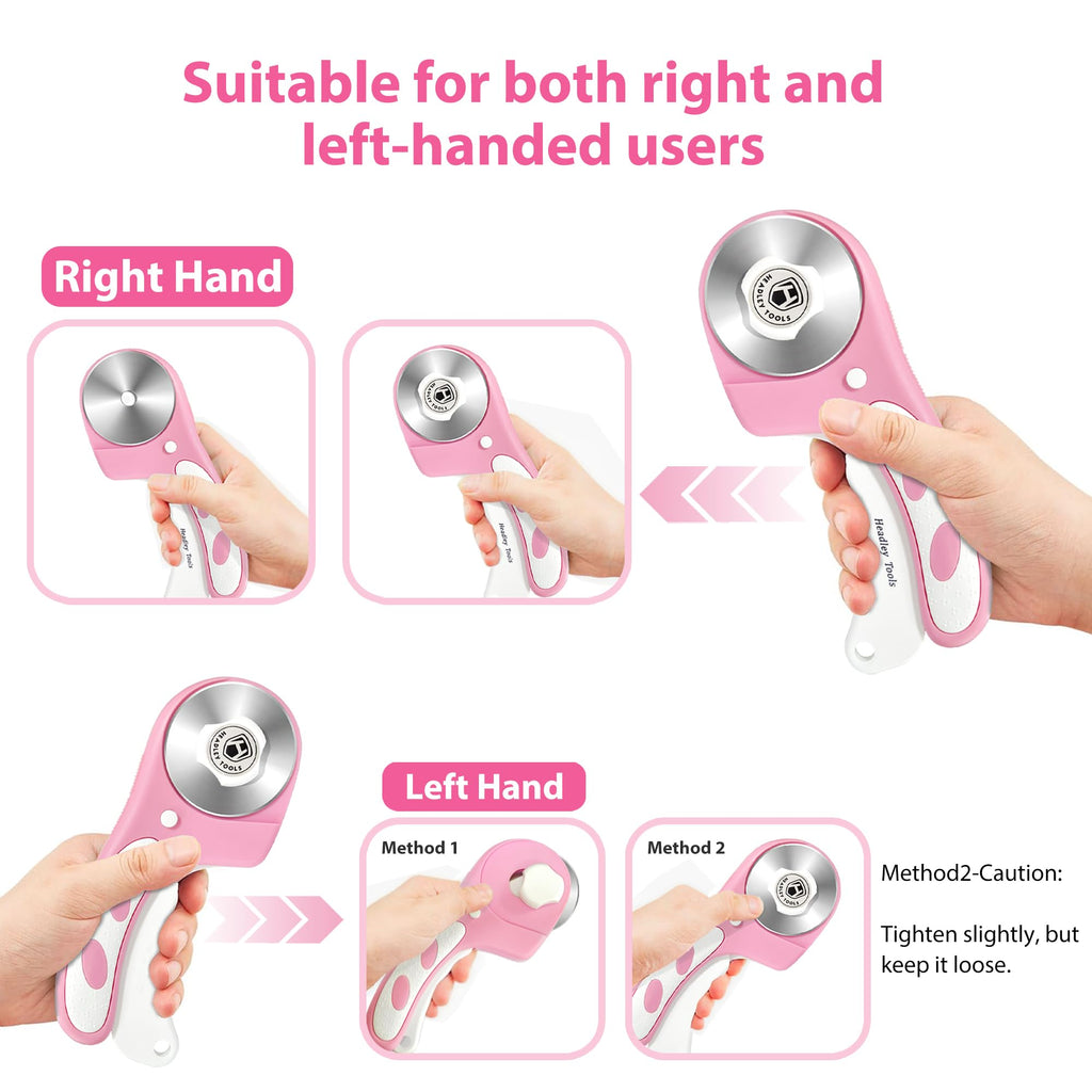 Headley Tools Rotary Cutter 60mm Upgraded with Bearing Design for Smoother and deeper cutting, Ergonomic Handle Rolling Cutter with Safety Lock for Fabric, Fabric, Leather, Crafting, Sewing, Pink