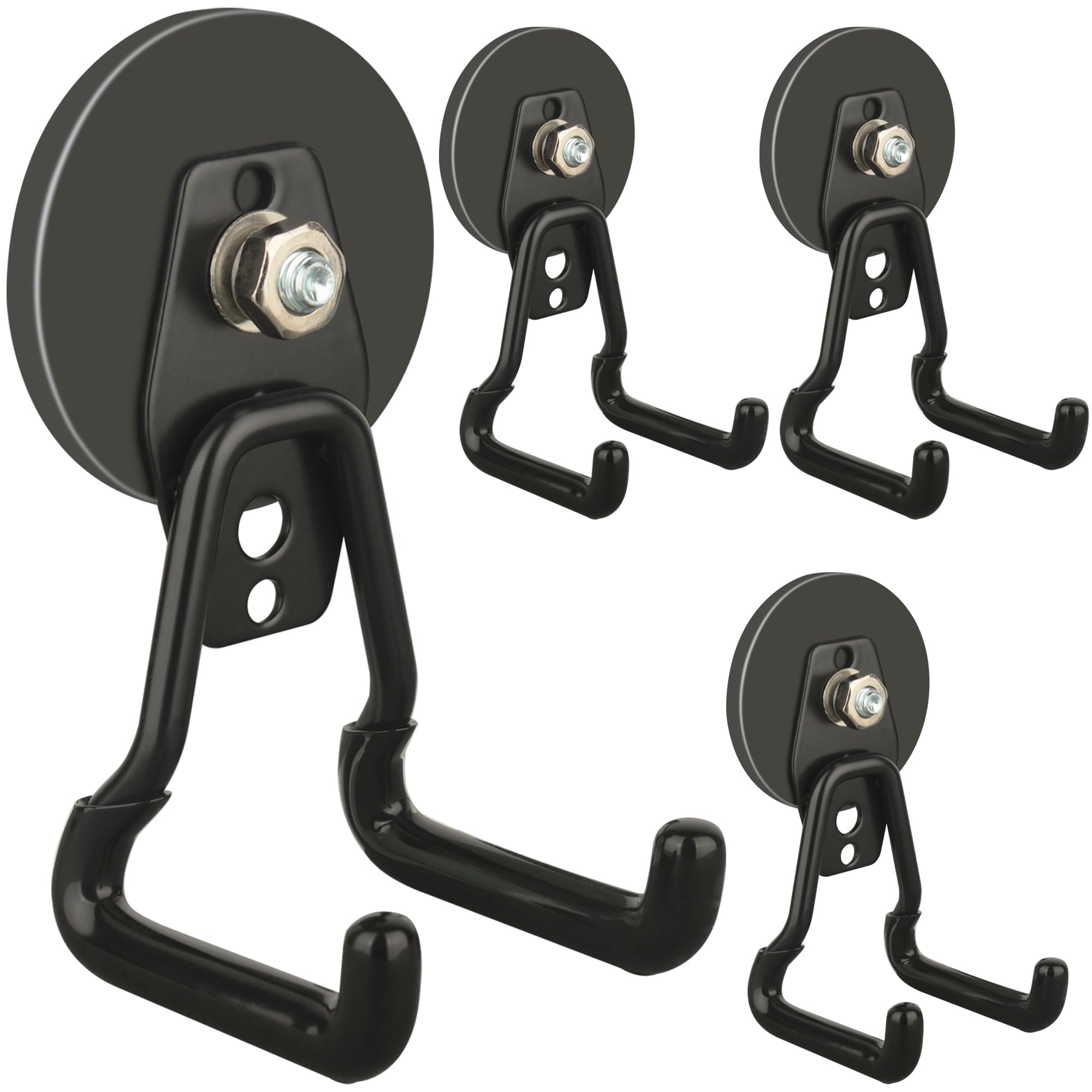 ULIBERMAGNET Upgraded Large Magnetic Hooks,Strong Heavy Duty Magnet Hooks for Power Drill,Broom,Garden Tools,Pegboard,Garage,Workshop,Hardware, 4 Pack Magnet Storage Holder for Hanging(Black)