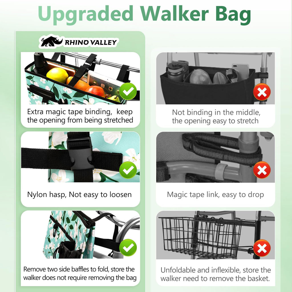 Rhino Valley Walker Bag, Multi Pockets Folding Walker Basket Tote Bag with Cup Holder, Hand-free Carry Pouch Storage Bag for Universal Walkers, Large Capacity Organizer for Seniors Elderly, Flower