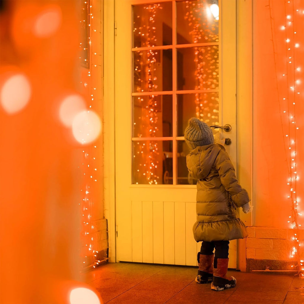 Twinkle Star 300 LED Window Fairy Curtain String Lights, 8 Modes Fairy Lights for Halloween Christmas Bedroom Wedding Party Home Garden Outdoor Indoor Wall Decorations, Orange, 2 Pack