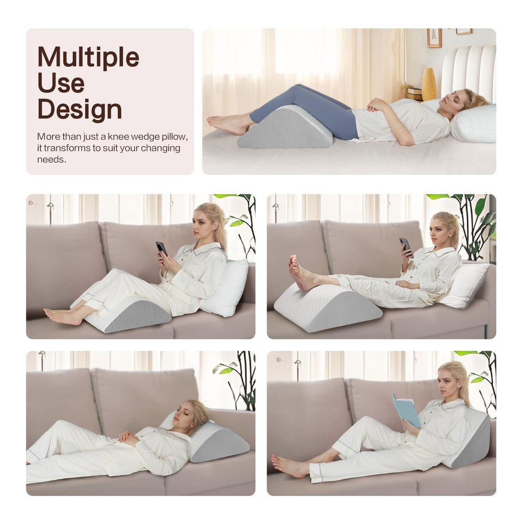 Vomiliku Knee Wedge Pillow for Back Sleeping, Leg Elevation for Post Surgery Recovery, 8" Triangle Leg Pillow with Removable Cover for Knee Support, Hip Back Pain Relief,Enhance Circulation, Gray