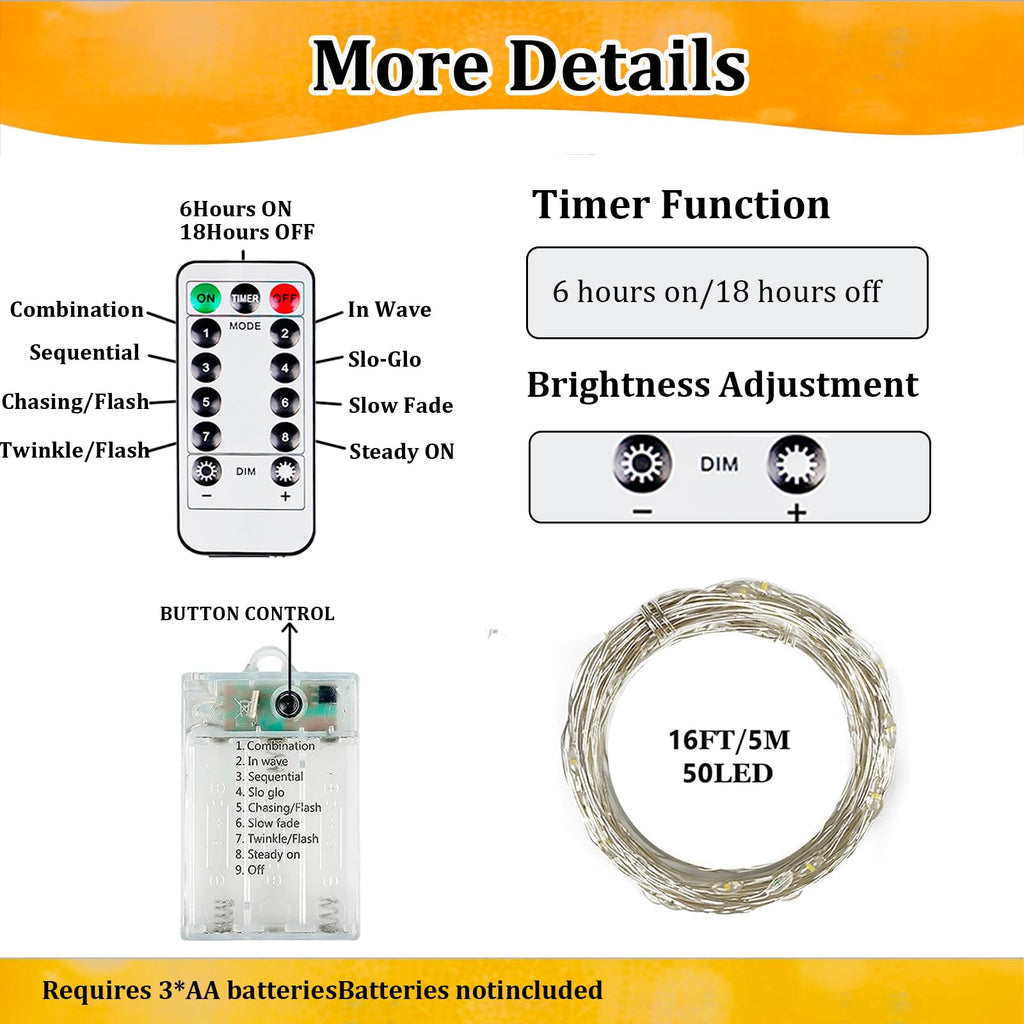 4-Pack 50 LED Fairy Lights Battery Operated with Remote Control Timer, 16 FT 50 LED String Lights Outdoor Indoor, 8 Mode Twinkle Lights for Christmas Wedding Birthday Dorm Bedroom Décor (Cool White)