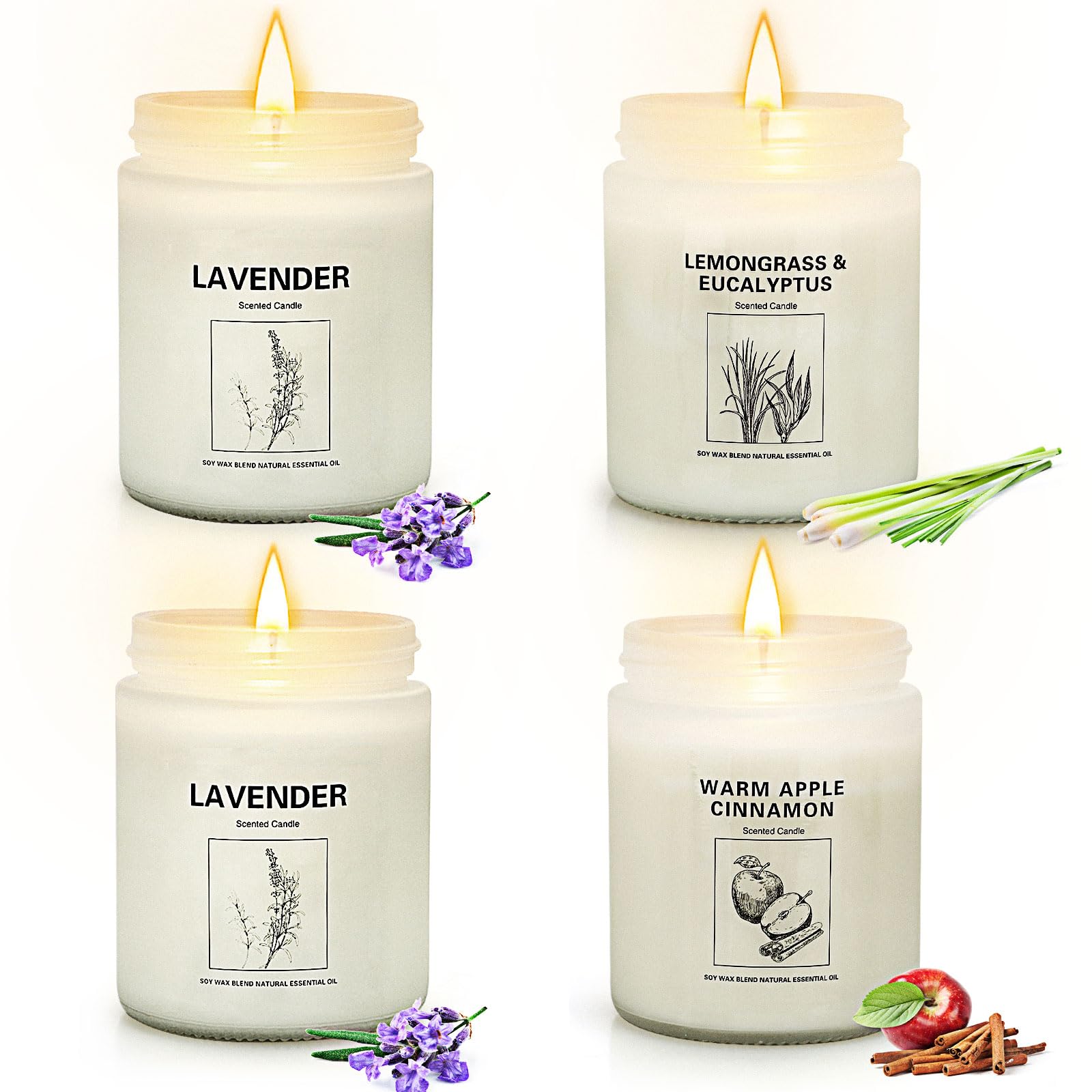 Candles for Home Scented, 4 Pack Scented Candles Gifts for Women 28 oz 200 Hour Long Lasting Natural Soy Candles, Lavender, Lemongrass & Eucalyptus, Apple Cinnamon 3 scents